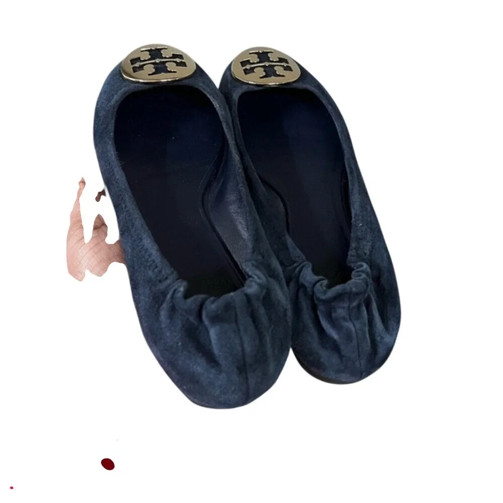 Tory Burch Navy Blue Suede Ballet Flats Gold Logo Size 8M
